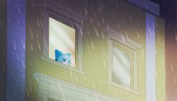 Rule 34 | 1girl, blue bow, blue eyes, blue hair, bow, building, cirno, commentary, english commentary, fumo (doll), hair bow, looking outside, night, rain, short hair, skullchimes, smile, solo, touhou, wide shot, window