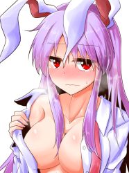 Rule 34 | 1girl, animal ears, bare shoulders, blush, breasts, breath, collarbone, commentary request, embarrassed, eyes visible through hair, highres, large breasts, long hair, long sleeves, looking at viewer, necktie, nose blush, open clothes, open shirt, oshiaki, pink necktie, purple hair, rabbit ears, red eyes, reisen udongein inaba, self exposure, shiny skin, shirt, sidelocks, simple background, solo, tears, touhou, upper body, wavy mouth, white background, white shirt, wing collar