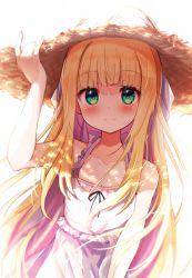 Rule 34 | 1girl, :3, backlighting, baram, bare arms, bare shoulders, blonde hair, blunt bangs, blush, collarbone, colored inner hair, commentary, dress, green eyes, hand on headwear, hat, highres, long hair, looking at viewer, mononobe alice, multicolored hair, nijisanji, pink hair, simple background, sleeveless, sleeveless dress, smile, solo, split mouth, straw hat, sundress, two-tone hair, upper body, very long hair, virtual youtuber, white background, white dress