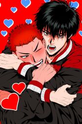 Rule 34 | 2boys, :d, bishounen, black eyes, black hair, black jacket, blush, couple, heart, highres, hug, hug from behind, jacket, laughing, looking at viewer, male focus, multicolored clothes, multiple boys, one eye closed, open mouth, red background, red hair, rukawa kaede, sakuragi hanamichi, short hair, simple background, slam dunk (series), smile, tenbatsutown, toned, toned male, yaoi