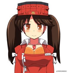 Rule 34 | 10s, 1girl, :d, adapted costume, animated, animated gif, artist name, bad id, bad nicoseiga id, blinking, blush, breast conscious, breast padding, brown eyes, brown hair, burger, closed eyes, collarbone, emofuri, flat chest, food, hat, jewelry, kantai collection, kisaragi zwei, long hair, looking at viewer, looking down, looking to the side, looking up, magatama, mcdonald&#039;s, necklace, open mouth, ryuujou (kancolle), simple background, smile, solo, sweatdrop, twintails, ugoira, upper body, visor cap, white background