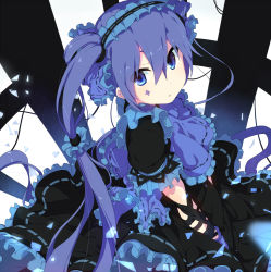 Rule 34 | 1girl, arm ribbon, black dress, dress, facial tattoo, frilled dress, frills, gothic lolita, hairband, lolita fashion, lolita hairband, long hair, looking at viewer, ogipote, original, puffy sleeves, purple eyes, purple hair, ribbon, scrunchie, short sleeves, solo, tattoo, twintails, very long hair