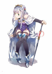Rule 34 | 1girl, arm support, bare shoulders, black thighhighs, boots, breasts, cape, crown, detached sleeves, dress, gorget, green eyes, grey hair, hand on hilt, highres, jewelry, leaning forward, long hair, outbreak company, panties, parted lips, pelvic curtain, petralka anne eldant iii, purple panties, side slit, sidelocks, sitting, sleeves past wrists, small breasts, solo, strapless, strapless dress, sword, thighhighs, underwear, very long hair, weapon, white panties, yuugen