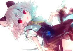 Rule 34 | 1girl, animal ears, biyon, black dress, blue capelet, capelet, dress, grey hair, jewelry, looking at viewer, mouse ears, mouse tail, nazrin, open mouth, pendant, puffy short sleeves, puffy sleeves, red eyes, short hair, short sleeves, simple background, solo, tail, touhou, twitter username, white background