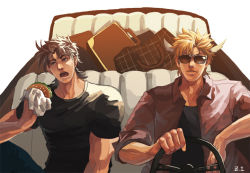 Rule 34 | 2boys, blonde hair, briefcase, burger, caesar anthonio zeppeli, car, casual, convertible, driving, facial mark, feather hair ornament, feathers, fingerless gloves, food, gloves, green eyes, hair ornament, headband, jojo no kimyou na bouken, male focus, motor vehicle, multiple boys, open mouth, red shirt, shirt, signature, sunglasses, t-shirt, z.i