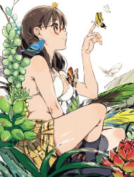 Rule 34 | 1girl, animal, animal on head, animal on shoulder, artist name, bare arms, beak, between legs, bikini, bikini top only, bird, black socks, blush, branch, breasts, brown hair, bug, butterfly, butterfly on hand, cleavage, closed mouth, eyebrows, from side, full body, glasses, grass, hand between legs, highres, index finger raised, indian style, insect, kneehighs, ladybug, long hair, navel, no shoes, on head, on shoulder, original, plaid, plaid skirt, plant, profile, semi-rimless eyewear, shiny skin, simple background, sitting, skirt, smile, socks, solo, spread legs, swimsuit, umishima senbon, under-rim eyewear, vines, white background, white bikini, wings, yellow skirt