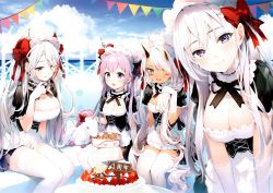 Rule 34 | 4girls, :q, apron, azur lane, belfast (azur lane), blue eyes, blue sky, blush, bow, breasts, cleavage, cloud, cloudy sky, cropped, dark-skinned female, dark skin, day, embarrassed, facial mark, framed breasts, gloves, hair bow, hair bun, hair over shoulder, hair ribbon, head tilt, heterochromia, highres, horizon, horns, indianapolis (azur lane), large breasts, long hair, looking at viewer, maid headdress, medium breasts, multicolored hair, multiple girls, official art, open mouth, outdoors, prinz eugen (azur lane), purple eyes, purple hair, ribbon, scan, side bun, sidelocks, single side bun, sitting, sky, smile, streaked hair, stuffed unicorn, thighhighs, tongue, tongue out, umibouzu (niito), unicorn (azur lane), waist apron, wavy mouth, white gloves, white hair, white legwear, yellow eyes