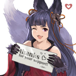 Rule 34 | 1girl, ;), animal ears, artist name, bell, black hair, blunt bangs, chestnut mouth, detached sleeves, english text, erune, fang, fox ears, fox tail, granblue fantasy, hair bell, hair ornament, hair ribbon, heart, highres, holding, holding sign, iiros, jingle bell, long hair, looking at viewer, one eye closed, purple eyes, red sleeves, ribbon, sign, smile, solo, tail, thank you, very long hair, watermark, wide sleeves, yuel (granblue fantasy)