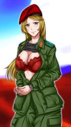Rule 34 | 1girl, bad id, bad pixiv id, beret, blonde hair, bra, clothes lift, green eyes, hat, himeshima koukichi, lingerie, long hair, lord&#039;s resistance army, military, military uniform, open clothes, open shirt, original, shirt, shirt lift, smile, solo, string, underwear, uniform, watch, wristwatch
