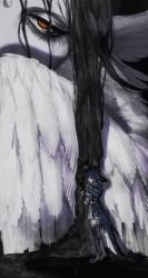 Rule 34 | 2girls, bird girl, bird legs, bird tail, bird wings, black background, black hair, blue capelet, blue eyes, blue hair, capelet, covered mouth, dress, dripping, feathered wings, final fantasy, final fantasy xiv, giant, giantess, half-closed eyes, hand up, head wings, highres, liquid, long hair, looking at viewer, looking to the side, meteion, monster girl, mui0a0b, multiple girls, multiple wings, short hair, size difference, spoilers, standing, tail, talons, the endsinger, white dress, wings, yellow eyes