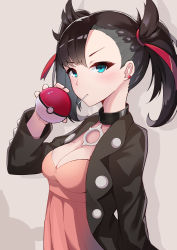 Rule 34 | 1girl, absurdres, alternate breast size, aqua eyes, asymmetrical bangs, black choker, black jacket, breasts, candy, choker, cleavage, creatures (company), dress, earrings, food, game freak, grey background, hair ribbon, highres, holding, holding poke ball, jacket, jewelry, lollipop, long sleeves, looking at viewer, marnie (pokemon), medium breasts, mouth hold, nintendo, open clothes, open jacket, pink dress, poke ball, poke ball (basic), pokemon, pokemon swsh, red ribbon, ribbon, shirokun0824, short hair, short twintails, solo, twintails, upper body, v-shaped eyebrows