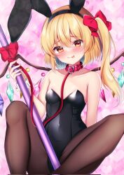 Rule 34 | 1girl, :d, alternate costume, animal ears, arm at side, bare shoulders, between breasts, black leotard, black pantyhose, blonde hair, blush, border, bow, breasts, bunny day, collarbone, commentary request, crystal, fake animal ears, fang, feet out of frame, flandre scarlet, hair between eyes, hair bow, hand up, heart, highres, holding, holding polearm, holding weapon, knees up, leash, leotard, long hair, looking at viewer, naughty face, open mouth, pantyhose, pink background, pink border, playboy bunny, polearm, rabbit ears, red bow, red eyes, shirotsuki shirone, side ponytail, simple background, sitting, small breasts, smile, solo, spread legs, strapless, strapless leotard, tongue, tongue out, touhou, weapon, white wrist cuffs, wings, wrist cuffs