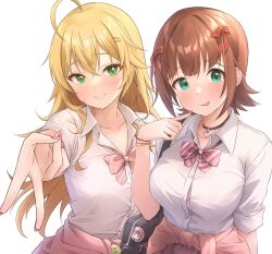 2girls :p absurdres ahoge amami_haruka aqua_eyes b1ack_illust black_bag black_choker blonde_hair blunt_bangs blush bow bowtie breasts brown_hair choker chupacabra_(idolmaster) clothes_around_waist collarbone dot_nose double-parted_bangs earrings eyelashes finger_to_cheek flipped_hair fluffy_hair green_eyes grin gyaru gyaru_v hair_ribbon heart heart_choker highres hoshii_miki huge_ahoge idolmaster idolmaster_(classic) idolmaster_million_live! idolmaster_million_live!_theater_days jewelry large_breasts long_hair looking_at_viewer multiple_girls open_collar pink_bow pink_bowtie pink_nails pink_shirt red_ribbon ribbon school_uniform seductive_smile shirt shirt_around_waist short_hair sidelocks simple_background sleeves_rolled_up smile tongue tongue_out upper_body v very_long_hair wavy_hair white_background white_shirt