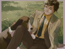 Rule 34 | 1boy, arm support, basset hound, black necktie, border, brown coat, brown hair, brown pants, brown suit, coat, collared shirt, columbo, lieutenant columbo, commentary, curly hair, day, dog, dress pants, formal, grey border, hide tani, highres, jacket, knee up, long sleeves, looking at animal, male focus, necktie, old, old man, on grass, one eye closed, open clothes, open coat, open jacket, outdoors, outside border, pants, petting, shirt, short hair, sitting, smile, solo, suit, suit jacket, thick eyebrows, trench coat, wrinkled skin, yellow shirt