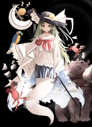 Rule 34 | 1girl, @ @, absurdres, alternate costume, bird, black background, black headwear, cape, commentary, crab, english commentary, full body, ghost, ghost tail, green eyes, green hair, highres, hippopotamus, long hair, mima (touhou), neckerchief, ougiikun, parrot, red neckerchief, shirt, simple background, sky print, staff, touhou, touhou (pc-98), white shirt