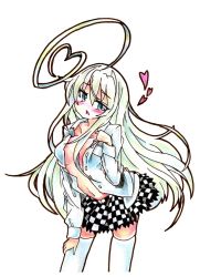 Rule 34 | 1girl, ahoge, blue eyes, blush, breasts, checkered clothes, checkered skirt, collarbone, contrapposto, eyelashes, goku (acoloredpencil), gokuu (acoloredpencil), haiyore! nyaruko-san, hand on leg, heart, heart ahoge, highres, large breasts, long hair, long sleeves, looking at viewer, miniskirt, navel, no bra, nyarlathotep (nyaruko-san), open clothes, open mouth, open shirt, shirt, sidelocks, simple background, skirt, solo, standing, thighhighs, traditional media, tsurime, very long hair, white background, white hair, white thighhighs