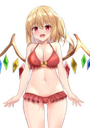 Rule 34 | 1girl, :d, absurdres, arms at sides, bare arms, bare shoulders, bikini, blonde hair, blush, breasts, cleavage, collarbone, crystal, flandre scarlet, frilled bikini, frills, gluteal fold, groin, highres, kaeremu, keyhole, long hair, looking at viewer, medium breasts, navel, one side up, open mouth, red bikini, red eyes, simple background, skindentation, smile, solo, stomach, swimsuit, thighs, touhou, white background, wings
