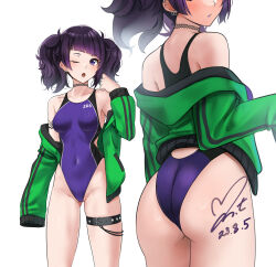 Rule 34 | 1girl, ass, black hair, blunt bangs, breasts, commentary request, commission, competition swimsuit, covered navel, cowboy shot, dated, diagonal bangs, from behind, green jacket, grey hair, head out of frame, highleg, highleg swimsuit, highres, idolmaster, idolmaster shiny colors, impossible clothes, impossible swimsuit, jacket, long hair, looking at viewer, medium breasts, multiple views, one-piece swimsuit, one eye closed, pixiv commission, purple eyes, purple hair, purple one-piece swimsuit, short twintails, signature, simple background, sleeves past fingers, sleeves past wrists, swimsuit, tanaka mamimi, thigh strap, twintails, white background, yoo tenchi