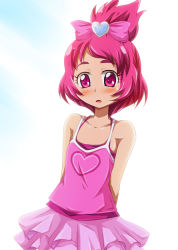 Rule 34 | 1girl, arms behind back, bare shoulders, blush, bow, collarbone, dokidoki! precure, half updo, personification, pink bow, pink eyes, pink hair, precure, sharuru (dokidoki! precure), sharuru (dokidoki! precure) (human), shishinon, short hair, solo