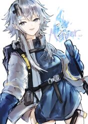 Rule 34 | 1girl, arknights, backpack, bag, bare legs, black eyeliner, blue gloves, blue shirt, breasts, character name, chest strap, earrings, eyeliner, gloves, grey eyes, grey hair, grey jacket, hair behind ear, hair between eyes, hand out of frame, headlamp, highres, jacket, jewelry, knee cutout, looking at viewer, makeup, mayer (arknights), mayer (visionblazer in the courtyard) (arknights), medium breasts, open mouth, shirt, short hair with long locks, simple background, smile, solo, taser, thigh strap, tukaima, upper body, white background