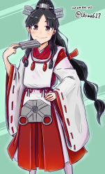 Rule 34 | 1girl, black hair, brown eyes, chiwa (chiwa0617), dated, feet out of frame, folding fan, green background, hair tie, hakama, hakama skirt, hand fan, high ponytail, highres, japanese clothes, kantai collection, kariginu, long hair, looking at viewer, miko, multi-tied hair, nisshin (kancolle), red hakama, red ribbon, ribbon, ribbon-trimmed sleeves, ribbon trim, short eyebrows, skirt, solo, thick eyebrows, twitter username, two-tone background, very long hair
