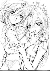 Rule 34 | 00s, 2girls, breasts, dual persona, finger in another&#039;s mouth, galaxy angel rune, garter belt, kahlua marjoram, large breasts, long hair, looking at viewer, lowres, monochrome, multiple girls, simple background, tagme, tequila marjoram, white background, yuri
