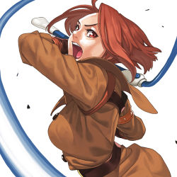 Rule 34 | 1girl, armlet, attack, brown hair, eyelashes, nose, open mouth, red eyes, short hair, snk, solo, takoyaki neko-san, the king of fighters, the king of fighters xi, uniform, upper body, whip, whip (kof)
