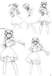 Rule 34 | 1girl, artbook, dress, hand on own hip, highres, key frame, long hair, looking away, monochrome, neon genesis evangelion, scan, sequential, smile, souryuu asuka langley, twintails, upper body, white background