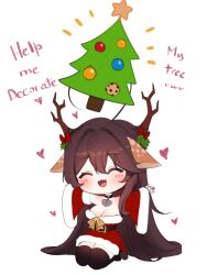 Rule 34 | 1girl, :3, absurdly long hair, animal ears, antlers, bare shoulders, bell, belt, blush, bow, breasts, brown hair, chibi, christmas, christmas tree, cleavage, closed eyes, deer ears, detached sleeves, dress, english text, fake animal ears, fang, full body, fur trim, hat, highres, horns, jingle bell, large breasts, long hair, mistletoe, off-shoulder dress, off shoulder, open mouth, original, outstretched arms, red dress, reindeer antlers, santa costume, santa dress, santa hat, seiza, short dress, simple background, sitting, skin fang, sky above me, sleeveless, sleeveless dress, smile, very long hair, white background, yellow bow