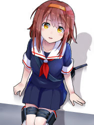 Rule 34 | 10s, 1girl, black serafuku, brown hair, collarbone, cowboy shot, from above, hairband, highres, kantai collection, knees together feet apart, legs together, looking at viewer, miniskirt, neckerchief, open mouth, orange hairband, pleated skirt, school uniform, serafuku, shadow, shiratsuyu (kancolle), short sleeves, simple background, sitting, skirt, solo, thigh strap, white background, yellow eyes, zuma