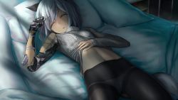 Rule 34 | 1girl, animal ear fluff, animal ears, bed, fankupl, flat chest, fox ears, fox girl, fox tail, grey hair, highres, jaana kettu, mechanical arms, multicolored hair, navel, open mouth, original, panties, pantyhose, prosthesis, prosthetic arm, resolution mismatch, short hair, sidelocks, sleeping, solo, source smaller, sweater, tail, underwear, white background, white panties