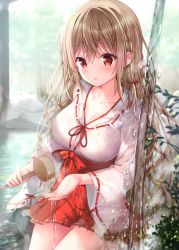 Rule 34 | 1girl, absurdres, blurry, blurry background, blurry foreground, blush, braid, breasts, brown hair, cleavage, collarbone, day, depth of field, hair ribbon, hakama, hakama short skirt, hakama skirt, highres, holding, japanese clothes, large breasts, long hair, long sleeves, looking at viewer, maeda shiori, miko, nontraditional miko, original, outdoors, parted lips, red eyes, red ribbon, red skirt, ribbon, scan, see-through, sidelocks, skirt, solo, sousouman, water, water drop, wet, wet clothes, wide sleeves