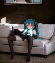 Rule 34 | 1girl, ai-assisted, aqua eyes, aqua hair, aqua necktie, aqua panties, arm support, black skirt, black sleeves, black thighhighs, blush, carpet, closed mouth, commentary, couch, detached sleeves, feet, full body, hair ornament, hatsune miku, highres, indoors, leaning back, legs, long sleeves, looking at viewer, miniskirt, necktie, no shoes, panties, pantyshot, parted bangs, pleated skirt, shadow, shirt, sidelocks, sitting, skirt, sleeveless, sleeveless shirt, solo, striped clothes, striped panties, sweetonedollar, swept bangs, thighhighs, thighs, twintails, underwear, vocaloid, white panties, white shirt