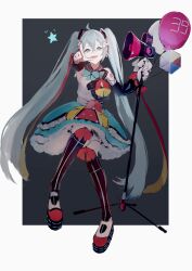 Rule 34 | 1girl, aqua eyes, aqua hair, balloon, bow, full body, hatsune miku, highres, holding, holding microphone stand, long hair, loser gesture, megaphone, microphone stand, open mouth, potetoneko, shoes, skirt, smile, solo, teeth, twintails, upper teeth only, vocaloid