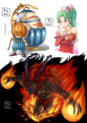 Rule 34 | 1990s (style), 1girl, 3boys, cape, dark skin, detached sleeves, duelle, earrings, final fantasy, final fantasy vi, fire, green hair, horns, ifrit, ifrit (final fantasy), jewelry, legend of mana, long hair, moogle, multiple boys, piercing, pointy ears, ponytail, red eyes, red hair, retro artstyle, ribbon, seiken densetsu, standing, teapo, teeth, tina branford, upper body, very long hair, visualcat