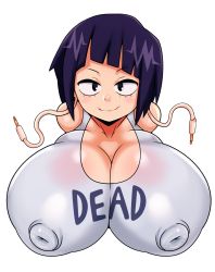 Rule 34 | 1girl, alternate breast size, boku no hero academia, breasts, cleavage, covered erect nipples, highres, huge breasts, jirou kyouka, looking at viewer, mato spectoru, purple hair, shirt, short hair, smile, solo, upper body, white background, white shirt