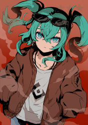 Rule 34 | 1girl, alternate hairstyle, brown jacket, commentary, denim, earrings, eyelashes, eyewear on head, frown, green eyes, green hair, hands in pockets, hatsune miku, highres, jacket, jeans, jewelry, keijou (cave), looking at viewer, looking up, necklace, pants, red background, shirt, short hair, simple background, solo, steam, suna no wakusei (vocaloid), sunglasses, twintails, unhappy, upper body, vocaloid, white shirt