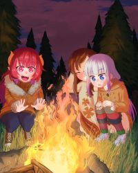 Rule 34 | 2021, absurdres, beads, beige sweater, blue eyes, blush, bonfire, cloud, colored skin, dragon girl, dragon horns, dress, female focus, fire, forest, full body, gradient hair, grass, hair beads, hair ornament, highres, horns, ilulu (maidragon), kanna kamui, kobayashi-san chi no maidragon, long hair, low twintails, masked ink, multicolored hair, multiple girls, nature, open mouth, outdoors, pointy ears, red eyes, red hair, saikawa riko, scenery, sharp teeth, shoes, skirt, slit pupils, smile, sneakers, stone, sunset, teeth, tree, twintails, white hair