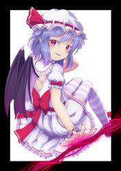 Rule 34 | 1girl, bat wings, black border, blush, border, bow, dress, hat, letterboxed, looking at viewer, looking back, parted lips, pointy ears, puffy short sleeves, puffy sleeves, red eyes, remilia scarlet, ribbon, short sleeves, sitting, smile, solo, spear the gungnir, striped clothes, striped thighhighs, thighhighs, tomo takino, touhou, wings