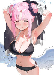 Rule 34 | 1girl, absurdres, angel wings, armpits, bikini, black bikini, blue archive, blush, breasts, cleavage, closed mouth, cowboy shot, crescent, crescent pin, double bun, feathered wings, hair bun, halo, highres, jacket, large breasts, long hair, looking at viewer, mika (blue archive), navel, pink hair, pink halo, smile, solo, subachi, swimsuit, tongue, tongue out, track jacket, white wings, wings, yellow eyes
