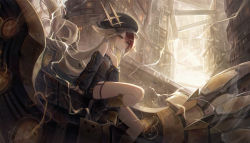 Rule 34 | 1girl, absurdres, alchemy stars, bandages, bandaged leg, bandages, bare shoulders, black footwear, blonde hair, building, cabbie hat, city, closed mouth, commentary, detached sleeves, electricity, fang, foot out of frame, gronru (alchemy stars), hat, highres, huge filesize, long hair, looking at viewer, lunia, mechanical arms, multicolored hair, puffy sleeves, red hair, shoes, single mechanical arm, sitting, sleeves past wrists, solo, star-shaped pupils, star (symbol), symbol-shaped pupils, twintails, two-tone hair, yellow eyes