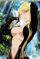 Rule 34 | 1girl, ;d, absurdres, adjusting hair, arm behind head, arms up, bathing, blonde hair, blush, body blush, bodysuit, breasts, center opening, cleavage, day, fingerless gloves, fishnets, forest, gloves, groin, hair between eyes, highres, itadaki shinji, kasuga, kasuga (sengoku basara), large breasts, leaf, light rays, long hair, looking at viewer, megami magazine, midriff, nature, naughty face, navel, ninja, no bra, official art, one eye closed, open mouth, outdoors, parted bangs, scan, seductive smile, sengoku basara, sidelocks, smile, solo, sparkle, sunbeam, sunlight, swept bangs, tree, upper body, very long hair, water, waterfall, wet, wet clothes, wet hair, wink, yellow eyes