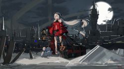 Rule 34 | 1girl, absurdres, airnery, aqua gloves, arknights, bag, bare legs, bare shoulders, black ribbon, bloodborne, boots, breasts, building, chinese commentary, clock, clock tower, clothing cutout, commentary, dress, full moon, gloves, highres, holding, holding strap, huge filesize, lantern, leg ribbon, long hair, long sleeves, looking at viewer, low-tied long hair, mixed-language commentary, moon, navel, navel cutout, night, no headwear, off-shoulder dress, off shoulder, official alternate costume, outdoors, red dress, red eyes, ribbon, short dress, silver hair, skadi (arknights), skadi the corrupting heart (arknights), small breasts, solo, staff, standing, thighs, tower, very long hair, weapon bag, white footwear, wide sleeves