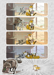 Rule 34 | &gt; &lt;, 5koma, puff of air, animal, bathing, capybara, capybara (kemono friends), cleaning, comic, duster, emphasis lines, ezo red fox (kemono friends), flying sweatdrops, fox, game boy, game boy (original), handheld game console, highres, indoors, kemono friends, lying, mop, mouth hold, no humans, onsen, playing games, running, silent comic, silver fox (kemono friends), steam, taoi (taoi58829762), towel, towel on head, water, yawning