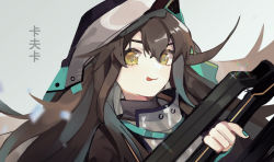 Rule 34 | 1girl, absurdres, arknights, brown hair, closed mouth, commentary, grey background, grey shirt, highres, holding, holding weapon, hood, hood up, kafka (arknights), licking lips, long hair, looking at viewer, rippajun, shirt, simple background, solo, tongue, tongue out, translated, upper body, weapon, yellow eyes