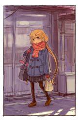 Rule 34 | 1girl, :t, bag, blonde hair, brown eyes, coat, full body, futaba anzu, grocery bag, idolmaster, idolmaster cinderella girls, loafers, long hair, low twintails, matsuo yuusuke, mittens, outdoors, pantyhose, pleated skirt, scarf, shoes, shopping bag, shoulder bag, sketch, skirt, solo, stuffed animal, stuffed rabbit, stuffed toy, twintails