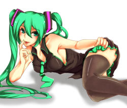 Rule 34 | 1girl, arm support, armpits, at2., blush, breasts, frills, green eyes, green hair, hair ornament, hatsune miku, highres, licking, long hair, looking at viewer, lying, matching hair/eyes, nail polish, on side, sideboob, skirt, solo, thighhighs, twintails, vocaloid, white background, zettai ryouiki