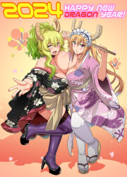 Rule 34 | 2024, 2girls, absurdres, bare shoulders, black footwear, blonde hair, breasts, chinese zodiac, cleavage, dragon girl, dragon horns, female focus, full body, gradient background, gradient hair, green hair, half-closed eyes, happy new year, heterochromia, high heels, highres, horns, huge breasts, japanese clothes, kimono, kobayashi-san chi no maidragon, long sleeves, looking at viewer, lucoa (maidragon), maid headdress, multicolored hair, multiple girls, naughty face, new year, off shoulder, open mouth, orange background, ponytail, purple thighhighs, red eyes, sandals, smile, standing, thighhighs, tohru (maidragon), twintails, utamaro, white thighhighs, year of the dragon, zouri