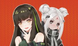 Rule 34 | 2020, 2girls, alternate hairstyle, black capelet, blush, brown eyes, brown hair, capelet, chinese commentary, closed mouth, commentary request, dark skin, double bun, elisa (girls&#039; frontline), facial mark, forehead mark, girls&#039; frontline, green hair, green sweater, hair bun, hair ornament, highres, long hair, looking at viewer, m4a1 (girls&#039; frontline), m4a1 (mod3) (girls&#039; frontline), mask, multicolored hair, multiple girls, open mouth, orange background, parted bangs, re dmoon, sangvis ferri, skull mask, sleeveless, sleeveless sweater, smile, streaked hair, sweater, teeth, upper body, upper teeth only, v, v over mouth, white hair