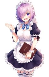 Rule 34 | 1girl, alternate costume, apron, breasts, fate/grand order, fate (series), hair over one eye, holding, looking at viewer, maid, maid apron, maid headdress, mash kyrielight, menu, nonono (nononotea), open mouth, purple eyes, purple hair, ribbon, short hair, simple background, smile, solo, standing, thighhighs, white background, white thighhighs, wrist cuffs